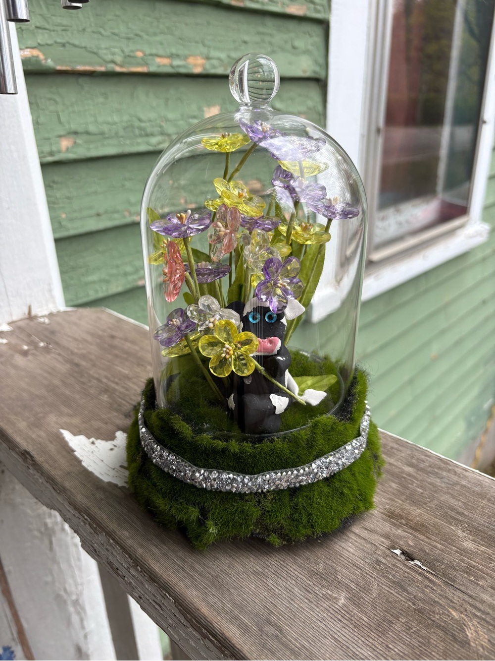Glass Dome Floral Ornament with Black Cow Figurine